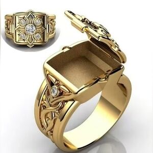 New Gold Tone Clear CZ Square Secret Compartment Locket Ring Size 11